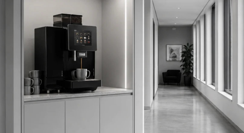 Coffee machine built into a corridor alcove on campus